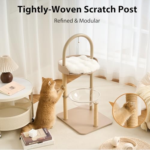 34" Modern Cat Tree Furniture for Indoor Small & Medium Cats, Minimalist Cat Tower with Scratching Posts, Wood Platforms, Capsule Perch, Stable Steel Frame & Washable Cushion, Cream Beige - Image 4