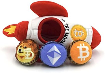 MODERN WAVE - Squeaky Plush Dog Toy Bitcoin Crypto - Interactive Hide and Seek Squirrel Type Puzzle Toy for Dogs, Small - Medium Size (Rocket and Coins) by MODERNWAVE