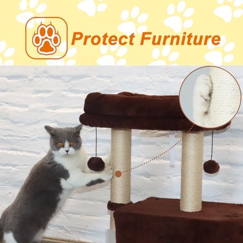 PEEKAB Small Cat Tree Tower,Scratching Post with Condo and Perch for Indoor Cats and Kittens,with Dangling Ball Massage Brush,Brown - Image 5