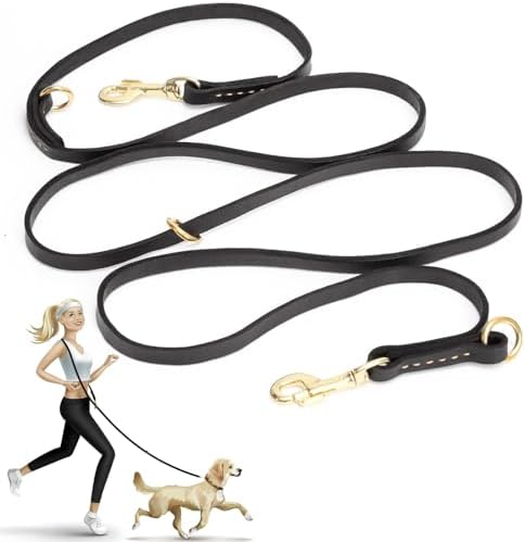 Leather Dog Leash 8ft, Soft Multi-Function 6 in 1 Leather Training Walking Lead, Hands Free Leash, Dual, Crossbody Pet Leashes for Medium and Large Dogs, Service Dogs (8 Foot*5/8", Black) by GuidingStar