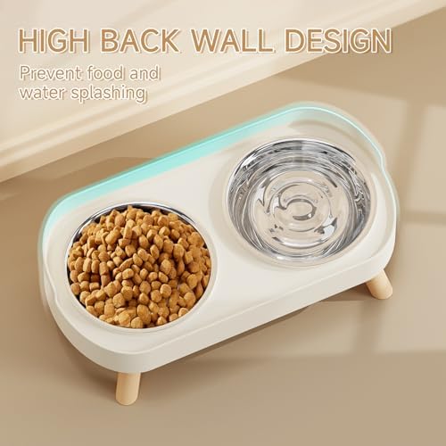 Elevated Cat Bowl, Raised Cat Food and Water Bowl Set for Indoor Cats, Splash Proof with 2 Stainless Steel Pet Food Bowls for Cats and Puppies, Whisker Fatigue and Dishwasher Safe - White - Image 2