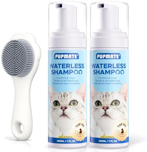 Waterless Cat Shampoo with Cat Brush - No Rinse Foam Dry Shampoo | Deep Cleansing Relieves Itchy Skin & Shedding | Gentle, pH-Balanced for Kittens Sensitive Skin | 2 Shampoo*1 Brush by PUPMATE