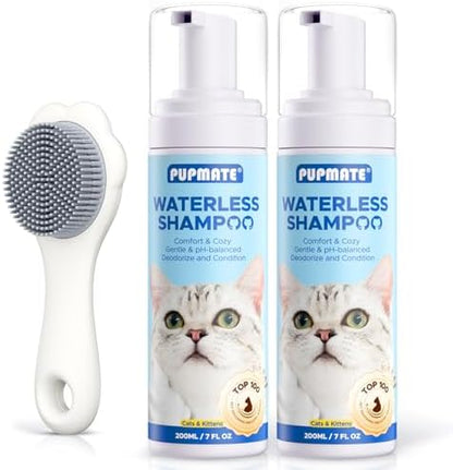 Waterless Cat Shampoo with Cat Brush - No Rinse Foam Dry Shampoo | Deep Cleansing Relieves Itchy Skin & Shedding | Gentle, pH-Balanced for Kittens Sensitive Skin | 2 Shampoo*1 Brush by PUPMATE