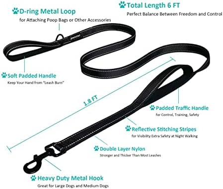 Heavy Duty Dog Leash - 2 Handles by Padded Traffic Handle for Extra Control, 6foot Long - Perfect for Medium to Large Dogs (6 ft, Black Red) - Image 2