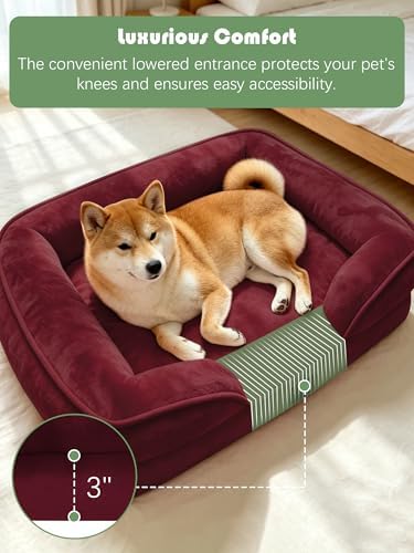 Spotted Play Orthopedic Dog Bed with Sides - Sofa Beds for Medium Dogs, Supportive Foam Pet Couch Bed with Washable Removable Cover, Waterproof Lining and Non-Slip Bottom, Burgundy - M - Image 3