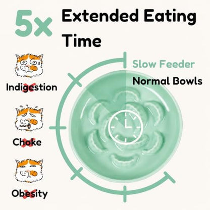 Ceramic Cat Slow Feeder Bowl - 6.2'' Whisker Friendly Cat Plate for Dry and Wet Food - Heavy Puzzle Feeding Bowl for Slow Eating - Helps Reduce Vomiting - Microwave & Dishwasher Safe -Non Slip - Green - Image 3