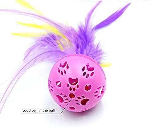 BeeSpring Cat Balls Interactive Cat Toy Feather Balls with Loud Bell Inside (2Pcs - Red, Blue)