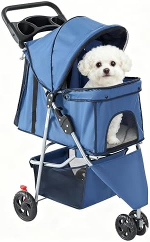 3 Wheels Pet Stroller,Storage Basket and Cup Holder, Breathable Mesh, Waterproof and Foldable for Small/Medium Dogs and Cats Strollers, Lightweight Travel Carrier for Daily Walks & Outdoor，Blue by SimpleDeluxe