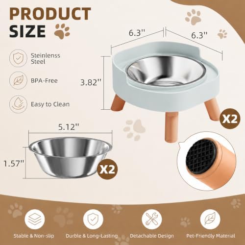 Elevated Cat Bowls, 2P Raised Cat Food and Water Bowl Set for Indoor Cats, Splash Proof with 2 Stainless Steel Pet Food Bowls for Cats ＆ Puppies, Whisker Friendly and Dishwasher Safe - Blue - Image 5