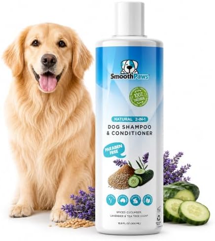 2-in-1 Natural Dog Shampoo & Conditioner – pH-Balanced for Dogs & Puppies | Gentle Oatmeal & Aloe Vera Formula for Sensitive Skin | Spiced Cucumber, Lavender & Tea Tree Scent | 16.9 oz | by SmoothPaws