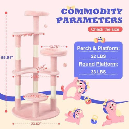 Allewie 55.5 in Cat Tree for Indoor Kitties/Soft Plush Perches/Multi-Level Cat Tower/Sisal Scratching Posts/Crescent Plates/Round Jumping Board/Hanging Ball/Pet Activity Center/Pink - Image 7