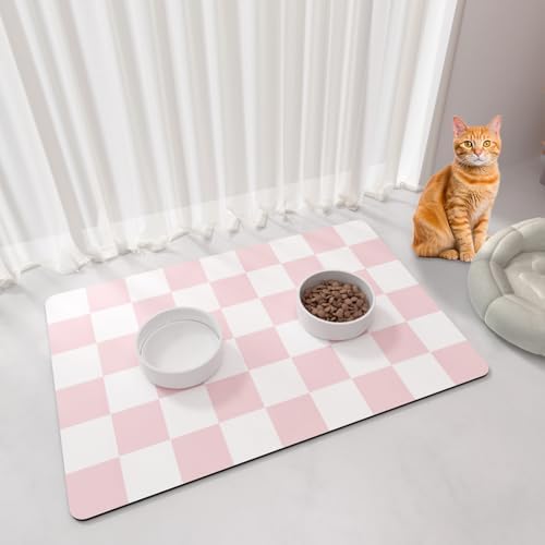 Cat Food Mat - 12"x 20" Cat Dog Mats for Food and Water Bowl, Checkered Pet Placemat Feeding Mat, Non-Slip Under Pet Bowls Mats for Messy Drinkers, Pink & White by BLESWIN
