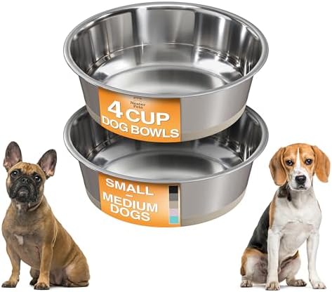 Neater Pet Brands Stainless Steel Dog Bowls with Non-Slip Rubber Bottom – Set of 2, 4 Cup (32 oz), Tan - Heavy Duty Metal Dog Bowl, Dishwasher Safe, Food or Water Bowl, Ideal for Medium Dogs by NeaterPetBrands