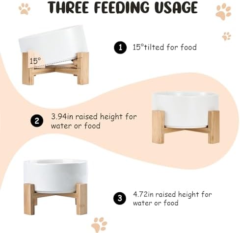 SPUNKYJUNKY 15° Slanted Ceramic Dog and Cat Bowl with Wooden Stand, Tilted Bulldog Food and Water Bowl No Slip Non-Spill for Cats Medium Dogs Big Face Pets 28.7 OZ (3.6 Cups, White) - Image 3