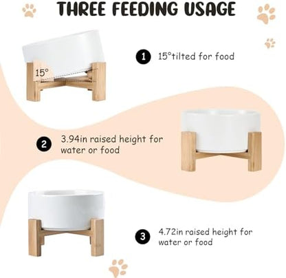 SPUNKYJUNKY 15° Slanted Ceramic Dog and Cat Bowl with Wooden Stand, Tilted Bulldog Food and Water Bowl No Slip Non-Spill for Cats Medium Dogs Big Face Pets 28.7 OZ (3.6 Cups, White) - Image 3