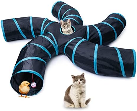 EGETOTA Cat Tunnel for Indoor Cats Large, with Play Ball S-Shape 5 Way Collapsible Interactive Peek Hole Pet Tube Toys, Puppy, Kitty, Kitten, Rabbit (Blue & Black) by EGETOTA