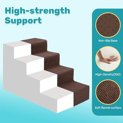 Dog Stairs for Bed, Extra Wide 4-Step Dog Steps for High Bed, High-Density Foam Pet Stairs with Non-Slip Removable Washable Cover for Small Pets, 18" H, Brown - Image 3