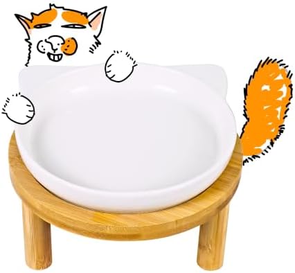 Elevated Ceramic Cat Bowls with Bamboo Stand for Cat Bowl, Whisker Friendly Shallow Cat Plate, Stable Raised Cat Food Riser for Indoor Cats (White, Set of 1) by Tafelf