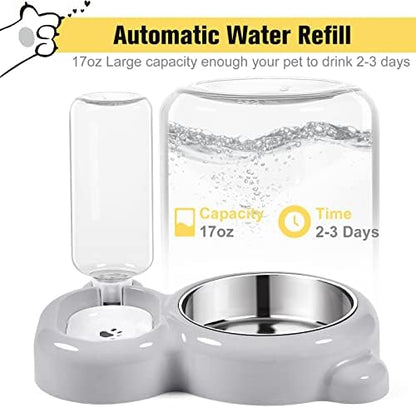 Dog Bowls, Cat Food and Water Bowl Set with Water Dispenser and Stainless Steel Bowl for Cats and Small Dogs - Grey - Image 2