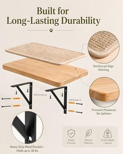 2PCS Cat Wall Shelves with Scratching Mat, 16.6x9.7 Inch Solid Pine Wood Wall Mounted Kitten Floating Shelf, Window Perch Hammock, Cats Wall Furniture for Cats Sleeping, Playing, Climbing - Image 3