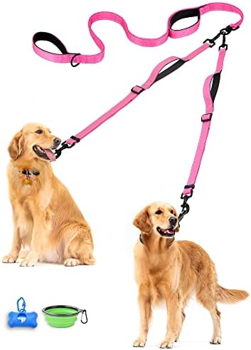 PetBonus Double Dog Leash, No Tangle Dual Leash, Reflective Walking Training Lead, 4 Comfortable Padded Handles for 2 Dogs with Collapsible Bowl and Waste Bags (Pink, Large) by Petbonus