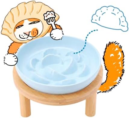 Slow Feeder Cat Bowls with Bamboo Stand, Ceramic Elevated Pet Food Plates for Cats and Small Dogs, Raised Non-Slip Feeder (Blue/6.3") by Tafelf