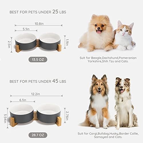 SPUNKYJUNKY Ceramic Dog and Cat Bowl Set with Wooden Stand, Modern Cute Weighted Food Water Set for Small Size Dogs (13.5OZ) & Medium Sized Dogs (28.7OZ) & Cats (1.7 Cups, 2 × White-Gray) - Image 2