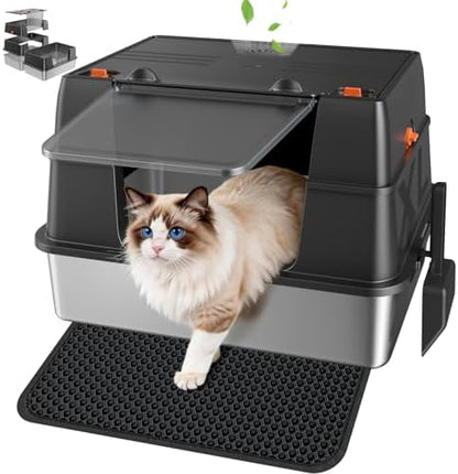 Stainless Steel Litter Box with Lid, High Sided Enclosed Metal Litter Box for Big Cats, Easy Cleaning Anti-Urine Leakage, Non-Sticky Cat Box, Front Entry Top Exit KittyBox, Includes Mat & Scoop by KISENG