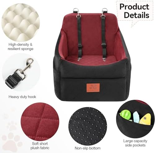GL GLENSLAVE Dog Car Seat for Small/Medium Dogs, Dog Booster Car Seats with Thick Cushion for Dogs Under 35lbs, Detachable Washable Pet Carseat with Storage Pockets, 2 Safety Belts(Black/Red) - Image 5