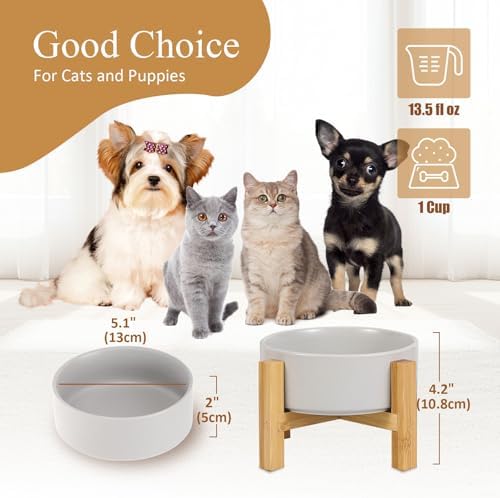 Elevated Ceramic Cat Bowl - Cat Food Bowl with Bamboo Stand - Raised Dog Dish for Puppies - Anti Vomiting, Stress Free - 13.5 oz / 400 ml - Grey - Image 2