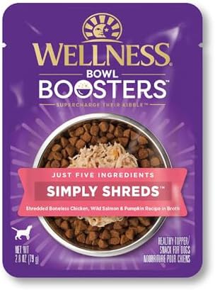 Wellness Bowl Boosters Simply Shreds Wet Dog Food Topper for Small, Medium, and Large Breeds, Grain Free, Natural, Wild Salmon and Pumpkin Recipe, 2.8 oz, Pack of 12 Pouches by WellnessNaturalPetFood