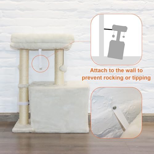 PEEKAB Small Cat Tree Tower,Scratching Post with Condo and Perch for Indoor Cats and Kittens,with Dangling Ball Massage Brush,Beige - Image 6