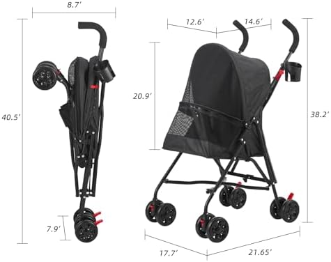 Pet Stroller Oxford Cloth Foldable Dog Strollers for Small Dogs and Cats Suitable for All Road Surfaces Wide-View Panoramic Window 4 Wheels with Brakes Portable Design, Easy to Store (Black) - Image 6