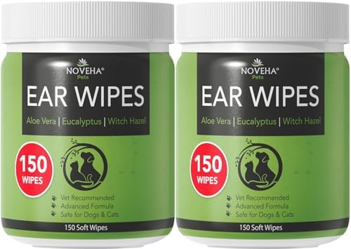 NOVEHA 300PCs Dog Ear Cleaner Wipes, Daily Ear Cleaner for Dogs & Cats - Stop Ear Itching with Aloe, Eucalyptus & Witch Hazel Ear Wipes for Dogs - for Odor Control, Dirt and Wax Removal, Unscented by NOVEHA
