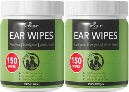 NOVEHA 300PCs Dog Ear Cleaner Wipes, Daily Ear Cleaner for Dogs & Cats - Stop Ear Itching with Aloe, Eucalyptus & Witch Hazel Ear Wipes for Dogs - for Odor Control, Dirt and Wax Removal, Unscented by NOVEHA