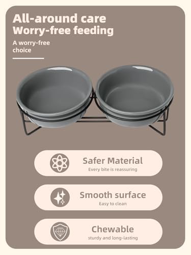 GDCZ Elevated 15 Oz Ceramic Double Cat Bowls with 11.6x2.5 Inch Stand (Grey) - Image 3