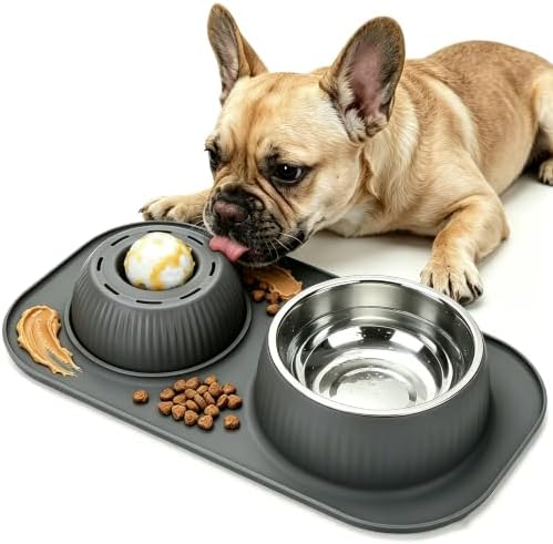Dog Licking Bowl with Rolling Ball,Food and Water Bowl Set Slow Feeder by Silaoburi