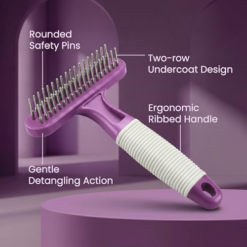 POODLIE Poodle Pet Dog Grooming Rake| Dematting Tool with Stainless Steel Shedding Comb for Pets | 2 Rows of Pins Gently Remove Loose or Tangled Hair from Undercoat | Purple Handle - Image 2