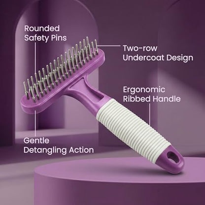 POODLIE Poodle Pet Dog Grooming Rake| Dematting Tool with Stainless Steel Shedding Comb for Pets | 2 Rows of Pins Gently Remove Loose or Tangled Hair from Undercoat | Purple Handle - Image 2
