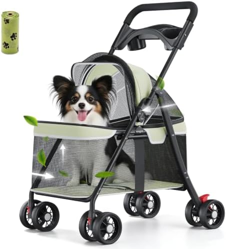 GTPLAYER Foldable Pet Stroller for Small Dogs and Cats, Holds Up to 33 lb, 4 Wheel, Full Mesh Ultra Breathable, Safety Tethers, Cup Holder & Poop Bags Included, Mint Green by GTPLAYER