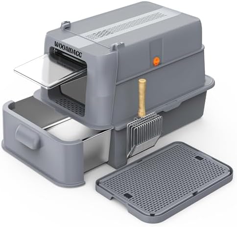Wooaidagg Enclosed Stainless Steel Cat Litter Box with Odor Control, Modular Design with Drawer and Flip Door, Easy to Clean and Wash,Non-Stick Interior,Extra Large Size Fits All Cats(Dark Grey) by WOOAIDAGG