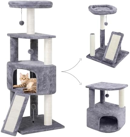 HUITREE 45in Cat Tree Tower with Big Condo for Indoor Kitten,Cat Tower with Scratching Post,Scratching Board and Cat Toys,Multi-Level,Small Space,Transformer Cat Tree, Grey(New) by HUITREE