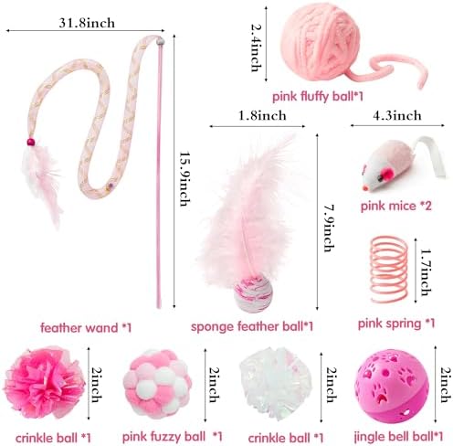 MALLMALL6 10Pcs Cat Toy Set Interactive Cat Toys Pack Including Feather Teaser Wand Cat Springs Mice Crinkle Balls and Pet Bell Balls, Puzzle Toys for Indoor Cats Gift (Pink) - Image 2