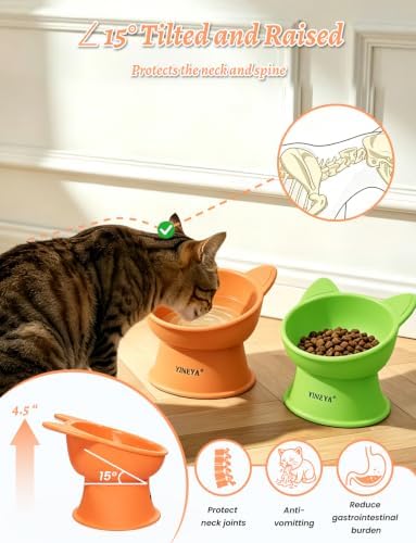 YINEYA Elevated Cat Bowls 2 Pcs, Cat Food Bowl to Protect Neck & Anti-Vomit, Whisker-Friendly Raised Food and Water Bowls Set for Indoor Cats/Small Dogs, Cute Pet Feeding Bowl 6 OZ Each, Orange&Green - Image 2