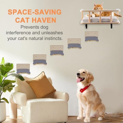 Solid Wood Wall Mounted Cat Steps, Cat Wall Furniture Shelves Stairs Perch(Dark) - Image 3