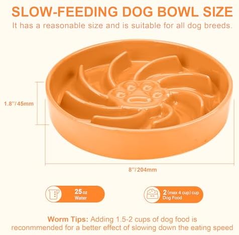 Ceramic Slow Feeder Dog Bowl, 3 Cup Dog Food or 25oz Water, Slow Eating Bowl for Middle Breed, Maze Puzzle Feeder for Fast Eaters, Anti-Choking Stop Bloat, Non-Slip BPA Free (Orange) - Image 2