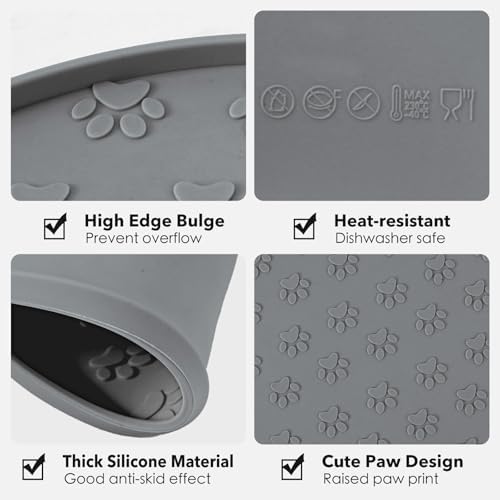 Silicone Pet Food Mat - Waterproof Dog Food Bowl Mat Cat Feeding Mat Thicker Pet Placemat Eating Mat with High Lip to Prevent Spills, Dog & Cat Water Bowl Mat for Messy Drinkers to Protect Floors，Gray - Image 3