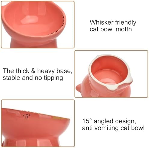 Ceramic Raised Cat Bowls ,Tilted Elevated Cat Food Bowl for Indoor,Anti Vomiting & Protect Pet's Spine ,Pet Feeder Dish for Flat Faced Cats and Kitten (Pink) - Image 4