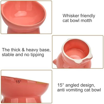 Ceramic Raised Cat Bowls ,Tilted Elevated Cat Food Bowl for Indoor,Anti Vomiting & Protect Pet's Spine ,Pet Feeder Dish for Flat Faced Cats and Kitten (Pink) - Image 4