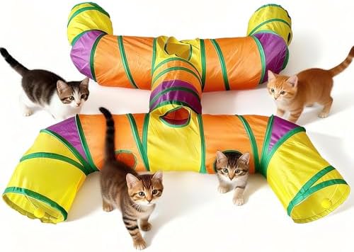 Cat Tunnels for Indoor Cats, Cat Tunnel with Plush Ball, Kitten Tunnel Collapsible, Cat Play Tunnel with Interactive Peephole for Large Cat, Puppy, Kitten (Colorful-4 Way) by GRETMIX